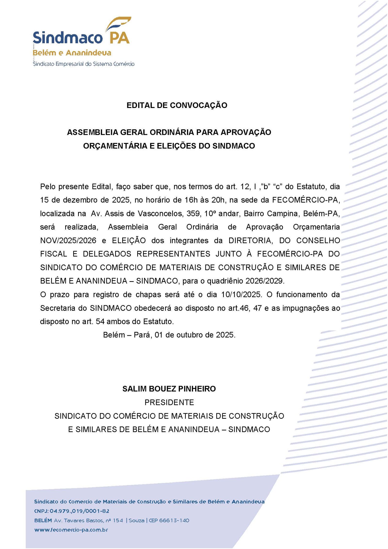 EDITAL DE CONVOCA&Ccedil;&Atilde;O ELEI&Ccedil;OES SINDMACO_BEL&Eacute;M E ANANINDEUA_2025_N1