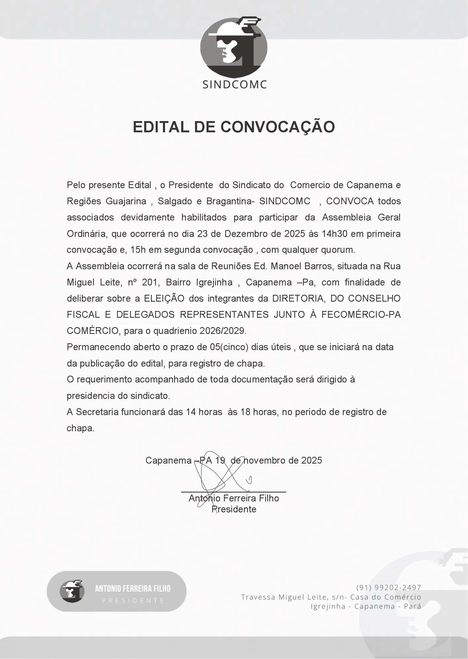 EDITAL DE CONVOCAÇÃO ELEI&Ccedil;&Otilde;ES 2025