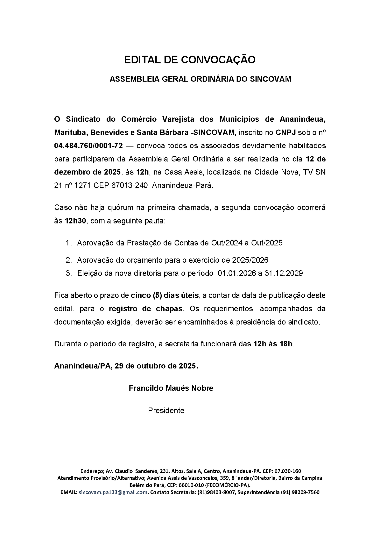 EDITAL SINDICATO ANANINDEUA MARITUBA BENEVIDES E SANTA B&Aacute;RBARA - SINCOVAM 1