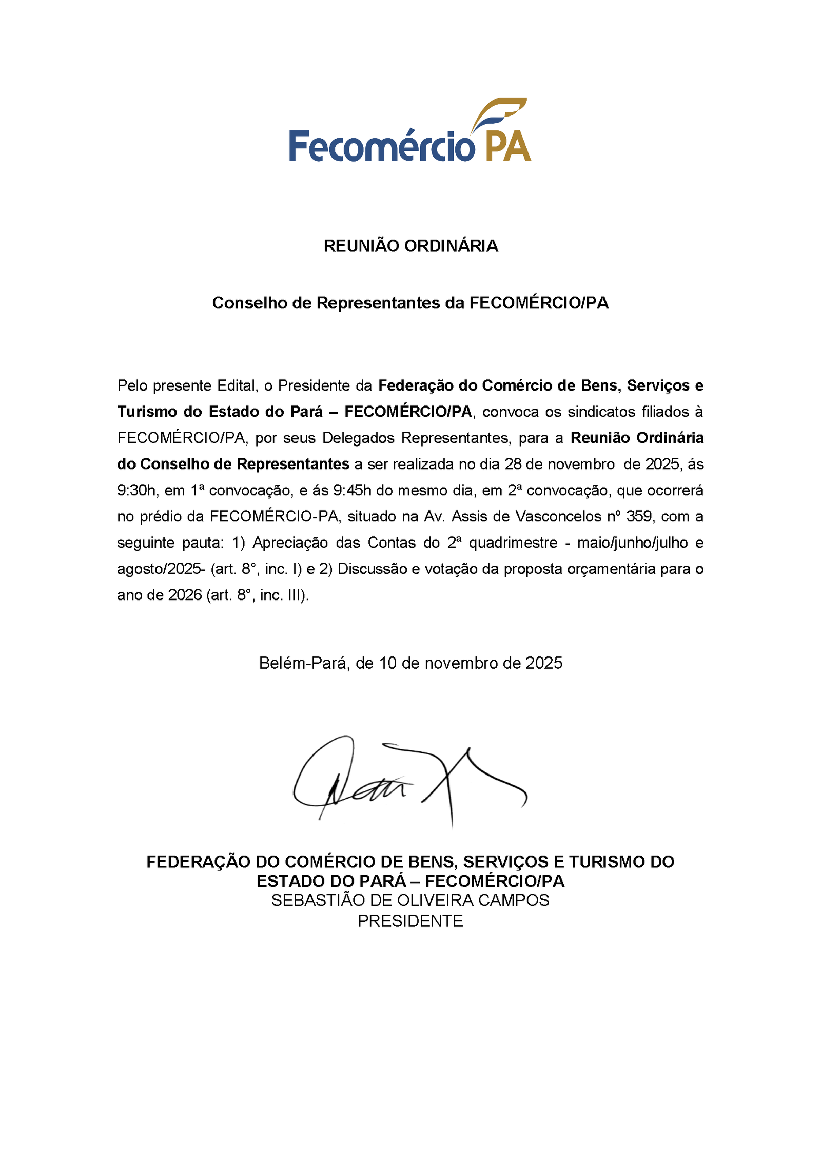 Edital de Convocação Reunião Ordinária Conselho de Representantes PRop Orçam 2026